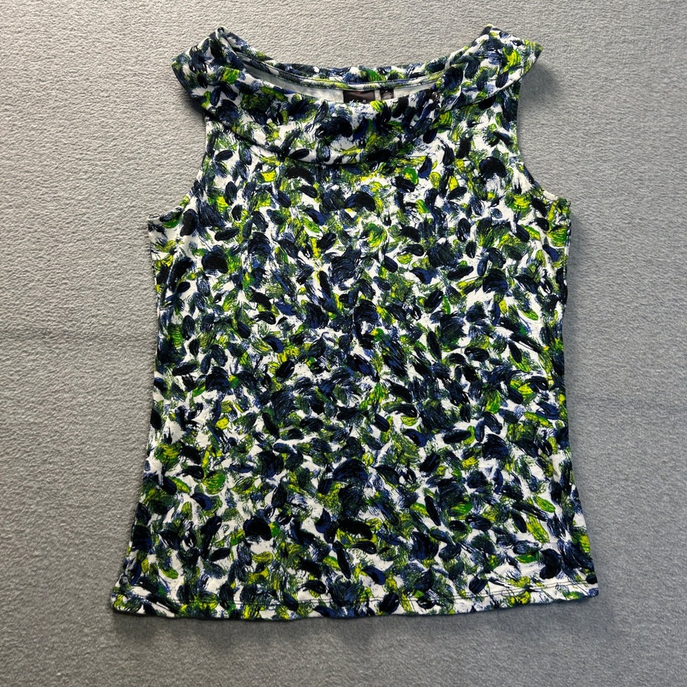 Rafaella Sleeveless Knit Tank Top Womens Medium Blue Green Floral Stretch Fabric